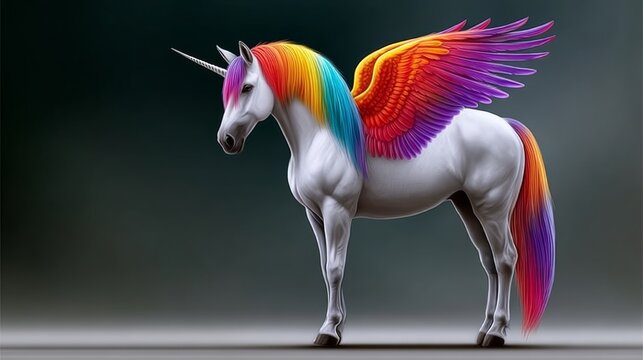 Colorful winged unicorn with a rainbow mane and tail standing on a neutral background, showcasing its majestic features and vibrant colors