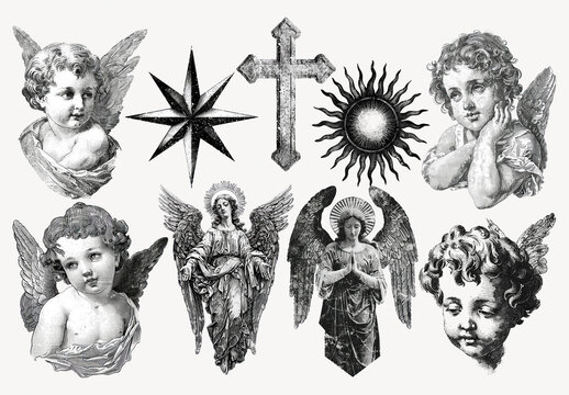 Vintage Angelic Illustrations And Symbols Element Set