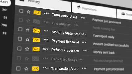 Banking and Finance Email Scrolling List on Dark Background. Transaction Alerts, Payment Confirmations, Account Statements, Balance Notifications, Investment Updates and Refund Process.2D Illustration