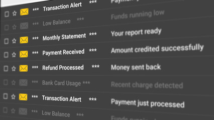 Obraz premium Banking and Finance Email Scrolling List on Dark Background. Transaction Alerts, Payment Confirmations, Account Statements, Balance Notifications, Investment Updates and Refund Process.2D Illustration