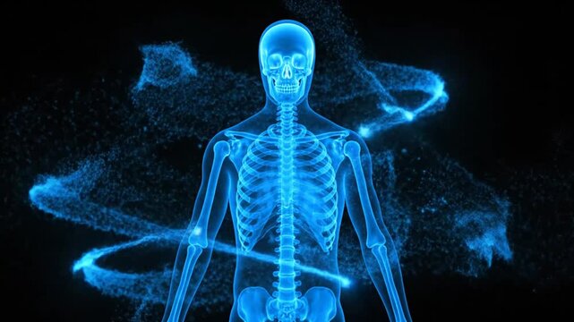 Human skeleton illustration with swirling energy patterns and abstract shapes in a dark environment from a frontal viewpoint