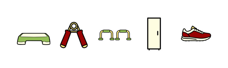 Obraz premium Gym equipment icons set including bench, weights, and door