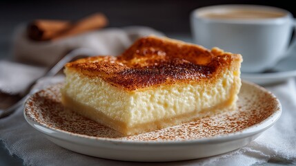 A slice of cheesecake on a white plate with a cup of coffee in the background