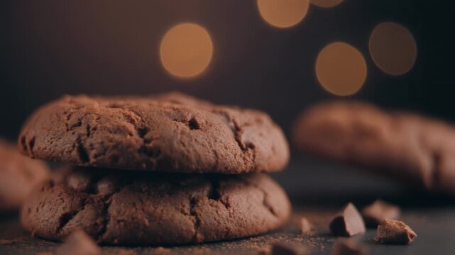 Stack of fresh baked chocolate cookies with chocolate chunks on a dark table, macro