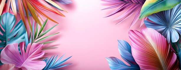 Vibrant tropical leaves frame a pink background.