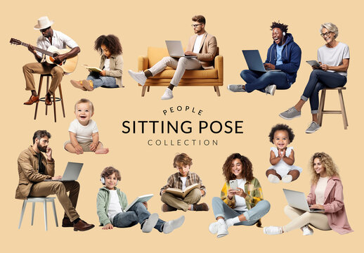 Diverse People Sitting Poses Element Design Set