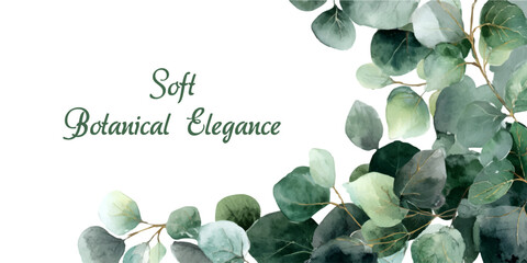 Green eucalyptus leaves form a delicate watercolor border frame, perfect for wedding cards, botanical invitations, and elegant spring greeting templates with foliage. © Narin