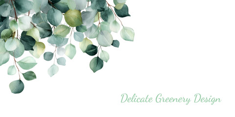 Watercolor eucalyptus border with green leaves and botanical branches creates an elegant frame for wedding invitations, cards, and nature-inspired designs on white. © Narin