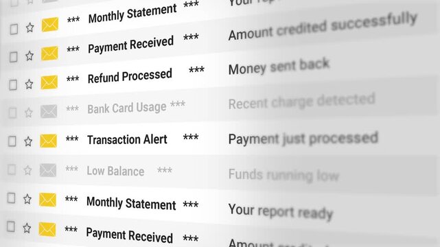 Banking and Finance Email Scrolling List. Transaction Alerts, Payment Confirmations, Account Statements, Balance Notifications, Investment Updates and Refund Process. 4K 2D Video Animation