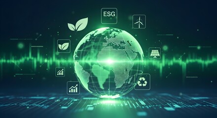 solar panel and sun icons floating symmetrically around a semi-transparent globe, smooth green gradient background representing corporate environmental social governance strategy