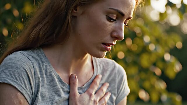Woman with hand on chest outdoors