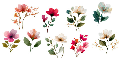 Botanical wedding set with watercolor flowers and leaves. Vintage floral arrangements in pink, white, and green hues ideal for elegant greeting cards and spring celebration designs. © Narin