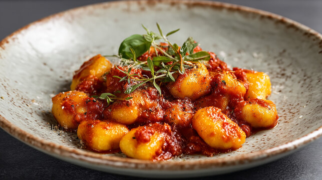 A plate of gnocchi in a rich tomato sauce garnished with fresh herbs