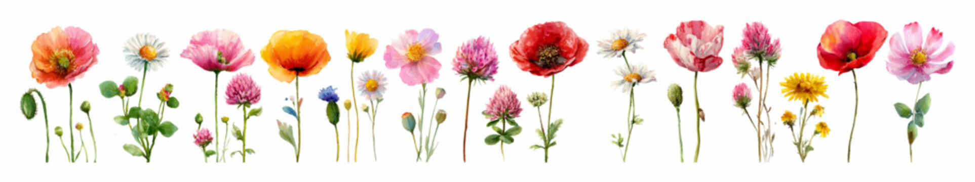 Watercolor wildflower set featuring summer blooms&mdash;poppies, cosmos, chamomiles. Delicate floral illustrations perfect for wedding invitations, botanical cards, garden-themed designs.
