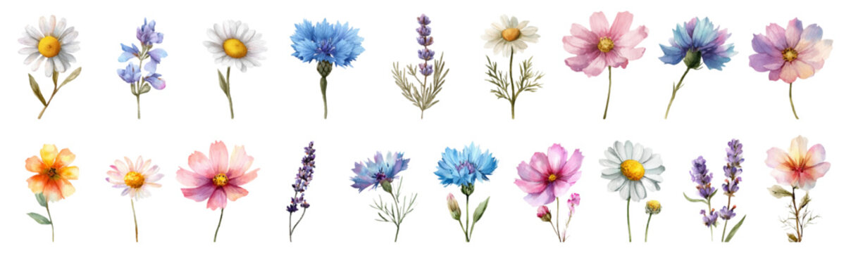 Summer meadow collection with hand-painted poppies, chamomiles, cosmos, and cornflowers. Botanical illustrations perfect for wedding invitations, cards, borders, and nature-inspired prints.