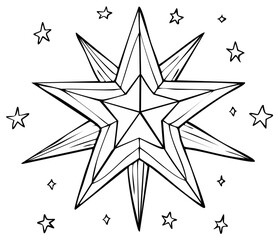 Fototapeta premium Hand Drawn Christmas Star Decoration Surrounded by Small Stars and Sparkles in Black and White