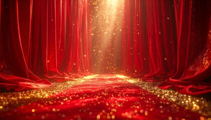 ステージ上の赤い緞帳と舞い散る金色の光 高級感あるカーテンの表彰式背景イラスト