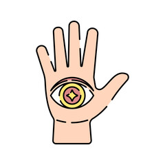 Obraz premium Mystic Hand Flat design style open hand with magic eye symbol ideal for fortune telling spiritual and mystical themed designs