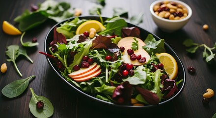Fresh and healthy mixed green salad with fruits and nuts