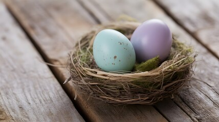Obraz premium Two Speckled Easter Eggs in a Bird's Nest on Wooden Planks Keywords: easter, eggs, nest, bird's nest, speckled, pastel, blue, purple, wood, wooden