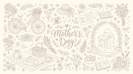 Fototapeta premium A charming hand-drawn illustration celebrating Mother's Day with various elements like a bicycle, picnic, books, and a mother holding her child.