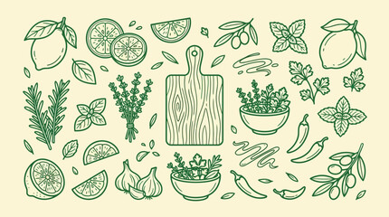 A vibrant collection of fresh herbs, citrus fruits, garlic, chili peppers, and olives arranged around a wooden cutting board, illustrating culinary ingredients and healthy eating.