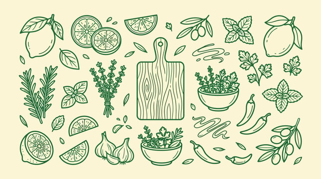 A vibrant collection of fresh herbs, citrus fruits, garlic, chili peppers, and olives arranged around a wooden cutting board, illustrating culinary ingredients and healthy eating.