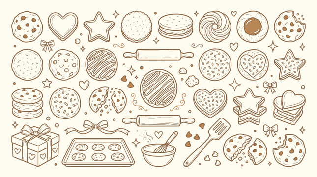 A charming hand-drawn illustration featuring a delightful assortment of cookies, baking tools, and festive decorations, perfect for a bakery or holiday theme.