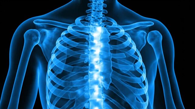 Detailed digital illustration of a human skeleton with glowing blue bones from a frontal viewpoint
