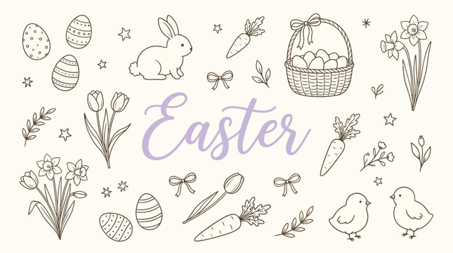 A charming hand-drawn illustration featuring classic Easter symbols like bunnies, chicks, eggs, tulips, daffodils, carrots, and a basket of eggs, with the word "Easter" prominently displayed.