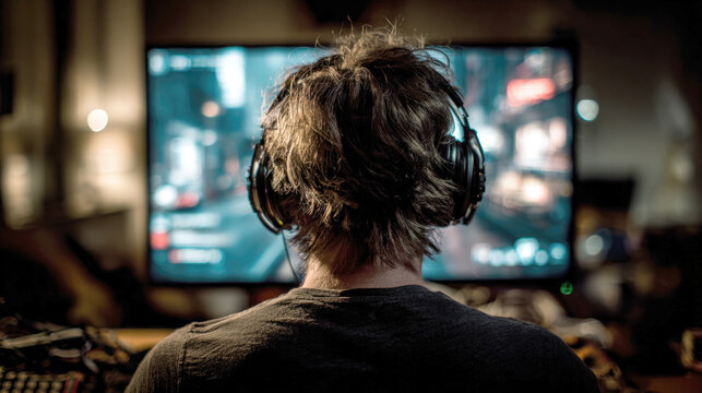 Rear view of a focused gamer wearing professional noise-canceling headphones while playing an intense first-person shooter video game on a large high-definition monitor in a dark room at home setup