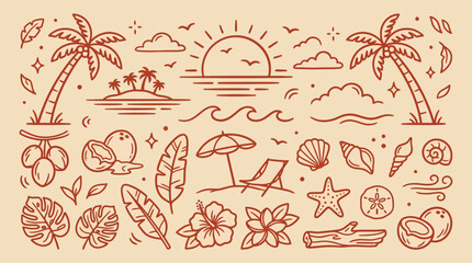 A charming hand-drawn illustration featuring a tropical beach scene with palm trees, coconuts, seashells, and a sunny sky.