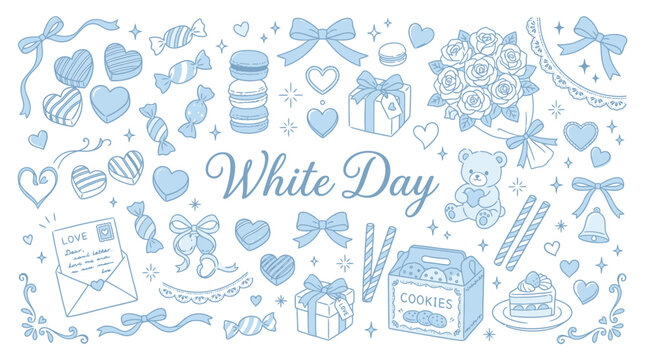 A charming collection of light blue illustrations celebrating White Day, featuring gifts, sweets, and romantic symbols.