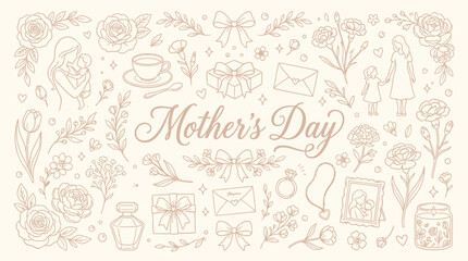 A charming collection of hand-drawn illustrations celebrating Mother's Day, featuring floral motifs, gifts, and tender moments between mothers and children.