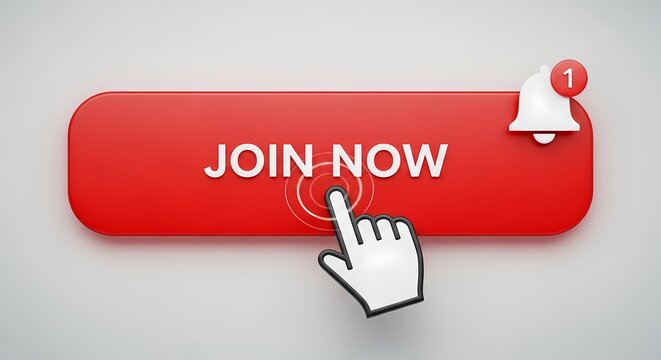 A cursor hand clicks a red 'JOIN NOW' button with a notification bell, signaling user engagement and alerts.