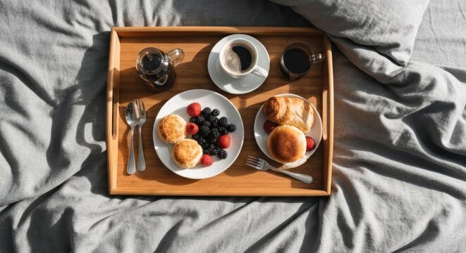 Breakfast on a wooden tray on a bed. Includes coffee, pastries, berries, and silverware
