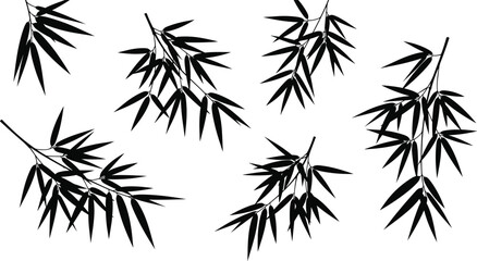 Black bamboo leaf silhouettes collection featuring tropical branch elements and oriental foliage for nature zen and botanical garden vector design © Niheranjan