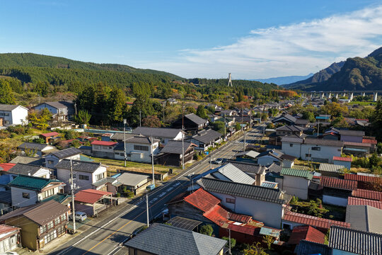 Aerial view of Sakamoto-juku post town in autumn at Usui Pass Gunma Japan