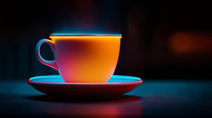 Obraz premium A vibrant neon-lit coffee cup and saucer in a dark room with colorful glowing accents