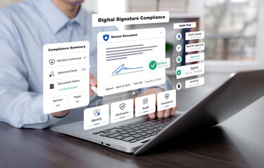 Digital signature compliance interface displaying secure document verification, approval workflow and audit trail process for electronic signature authentication, business compliance. © Bussarin