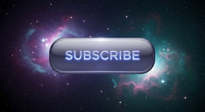 Futuristic glowing subscribe button in a colorful nebula galaxy, space exploration concept