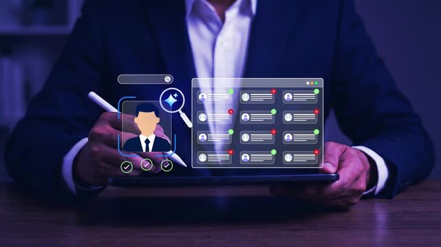 Automated resume screening and candidate evaluation using AI. Businessman using AI recruitment system for smart hiring, human resources management technology and automation in business
