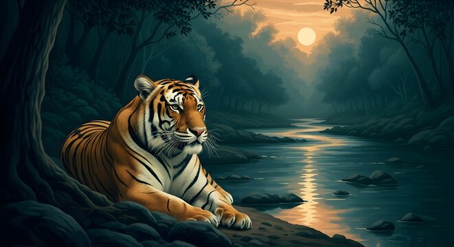 Tiger resting by a river with a sunset background in a serene forest setting
