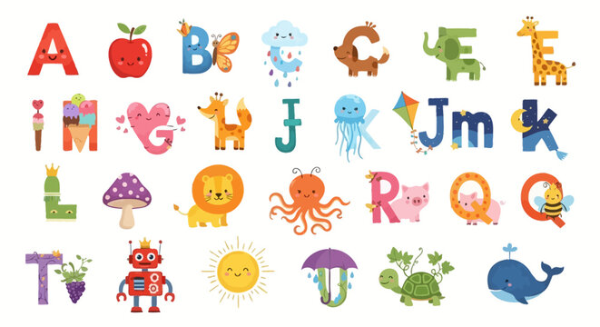 Colorful alphabet letters with cute animal and object illustrations