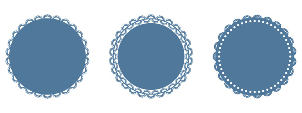 Blue lace doily napkin set. Three round frames with scalloped borders, decorative cutout edges. Paper coaster pattern. Vintage card, invitation, table decoration, pastry mat, tea party design. Vector.