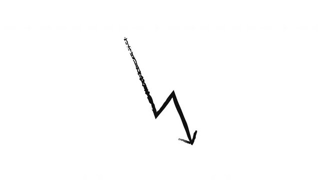 Sharp angular lightning arrow grunge doodle animation. Zigzag pointing downward. Jagged sudden drop. Animated hand drawn pointer. Dynamic sketchy rough direction. Distressed ink motion overlay