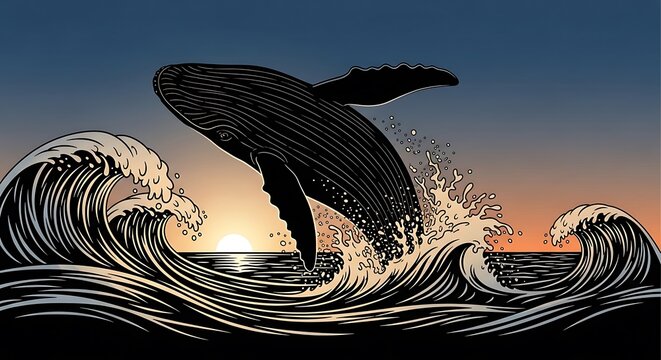 Whale jumping out of ocean waves.