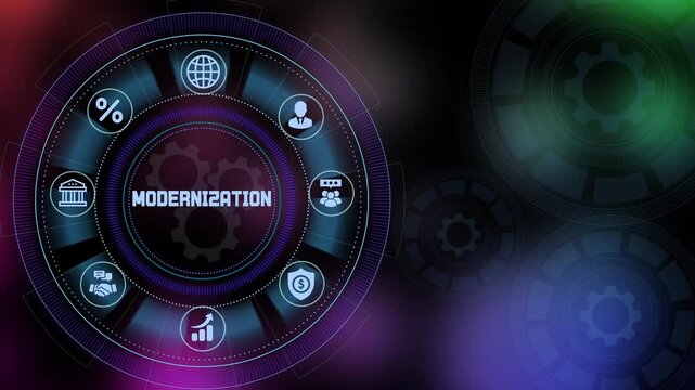 Modernization strategy concept with advanced digital dashboard, innovation icons and smart business technology.