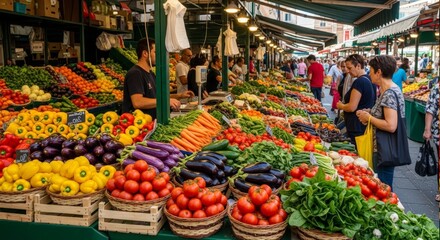 Obraz premium Vibrant European outdoor market with abundant fresh produce and shoppers