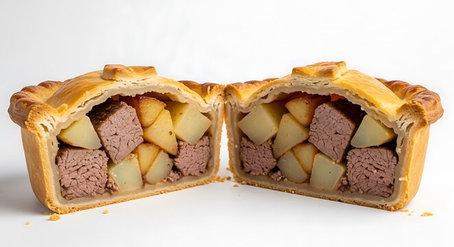Delicious savory meat pie cut in half showing tender filling